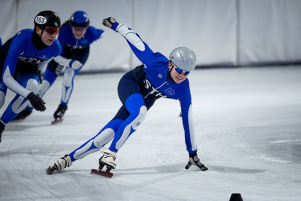 Training van Shorttrack Haarlem (STH). Rijder gaat met één hand over het ijs. Foto: Mizzle Media